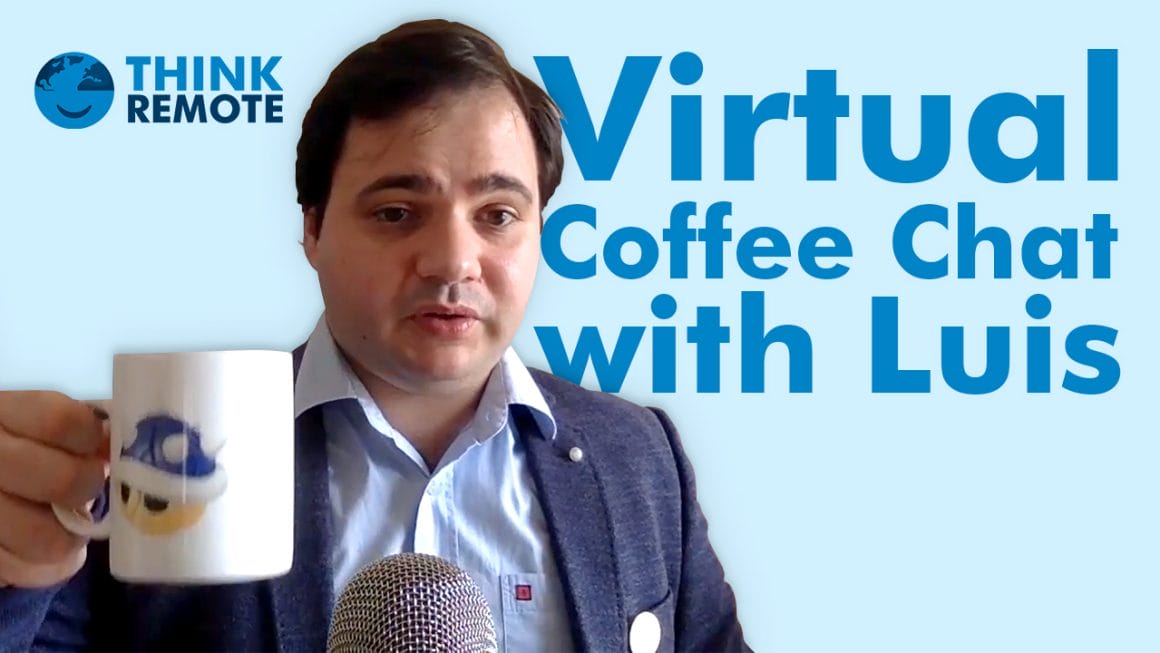 Luis holding a coffee mug during his virtual coffee chat