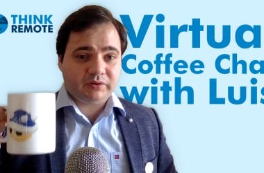 Luis having coffee in a mug during virtual chat