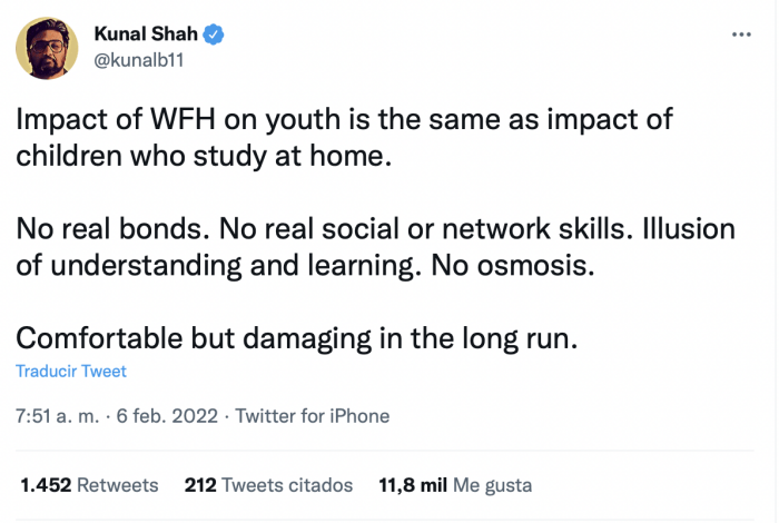 Kunal Shah tweet about remote work