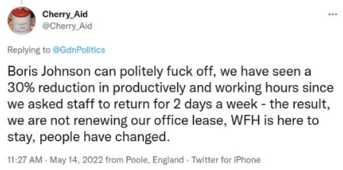 Tweet about Boris Johnson and remote work