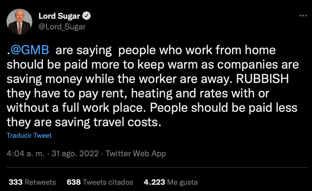 Alan Sugar WFH tweet